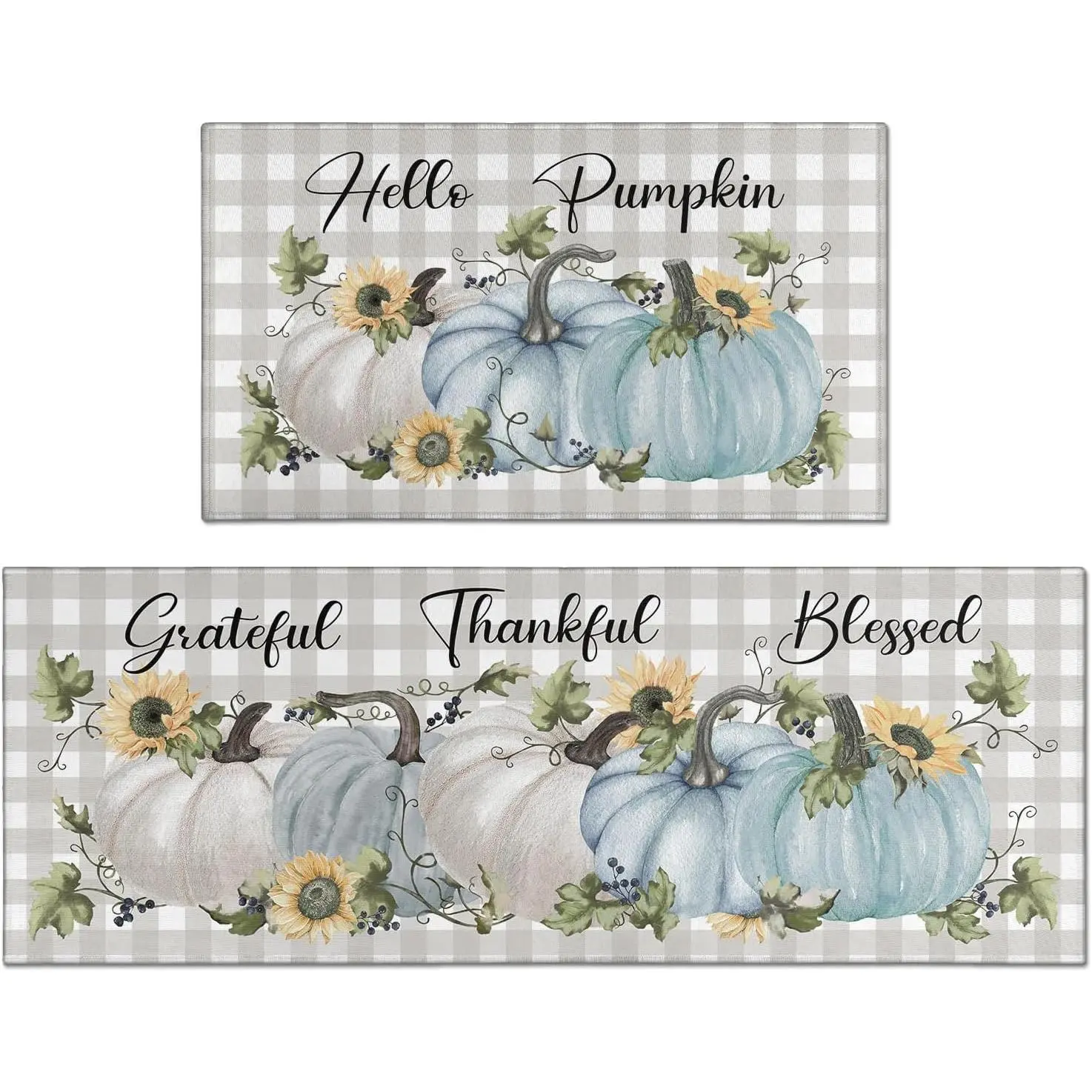 Fall Kitchen Mats Set of 2, Blue  Pumpkin Kitchen Rugs for Floor and Door Mat Autumn Harvest Thanksgiving  Decorations - 17x30 and 17x47 Inch