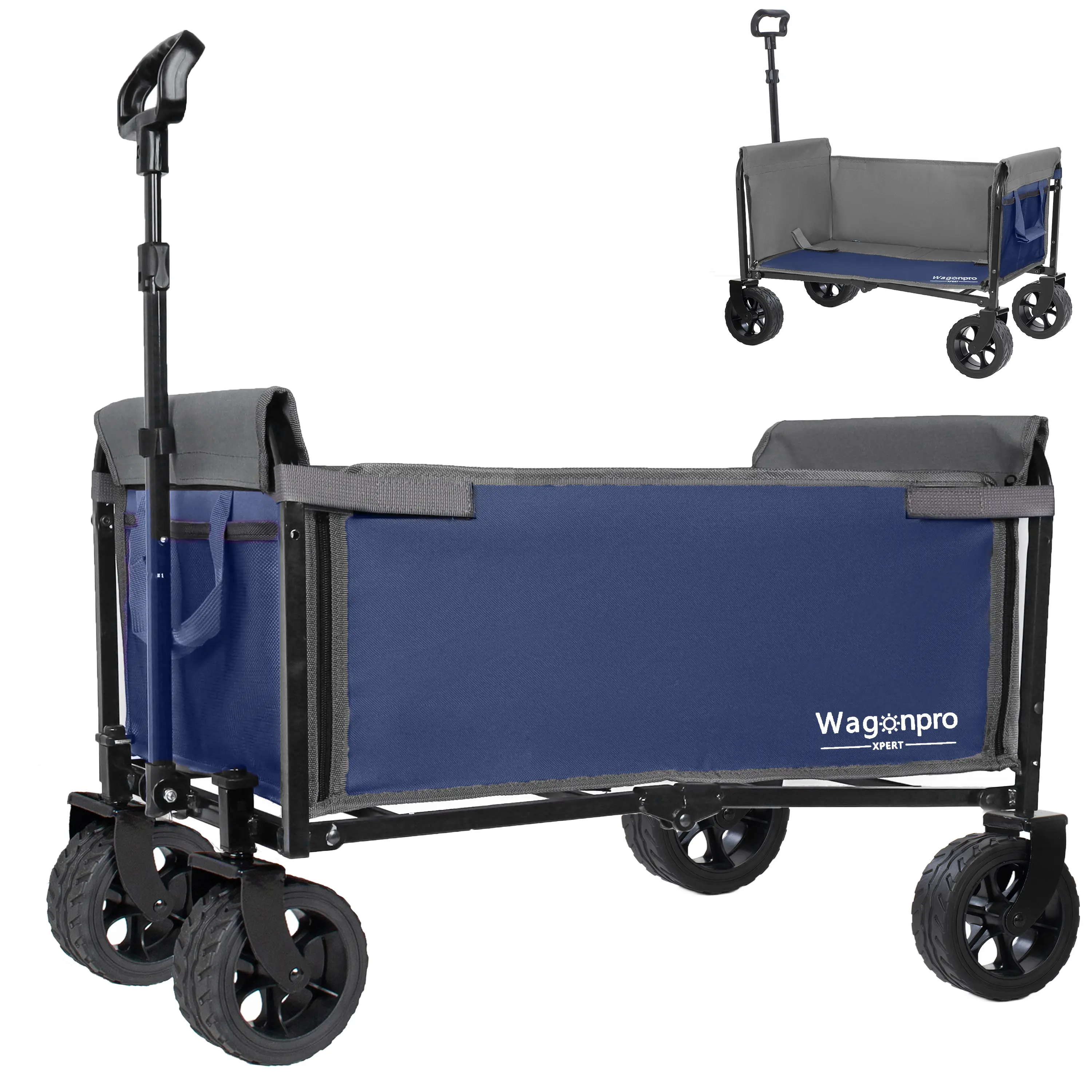 Upgraded 5x2  Wide Wheels  All- In- One Convertible Folding Trolley With Full- Side Opening & Dog Leash  Versatile Seating & Storage  220Lbs Capacity For Camping  Beach  Shopping  Dark Blue