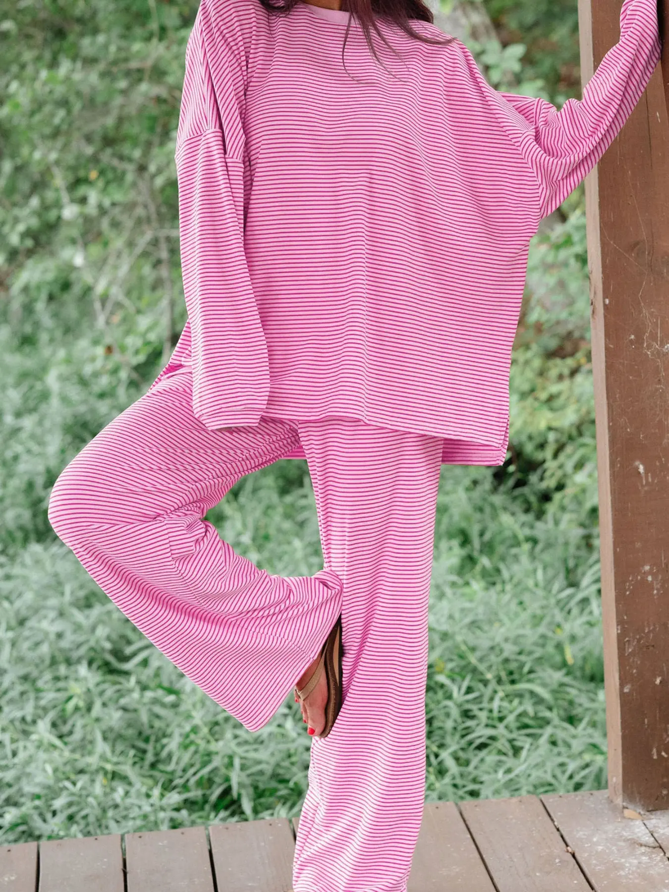 Women's Striped Set, Loose Fit Oversized Round Neck Long Sleeve Top, Elastic Waist Straight Leg Pants, 2-Piece Cotton Comfortable Casual Home Wear Set