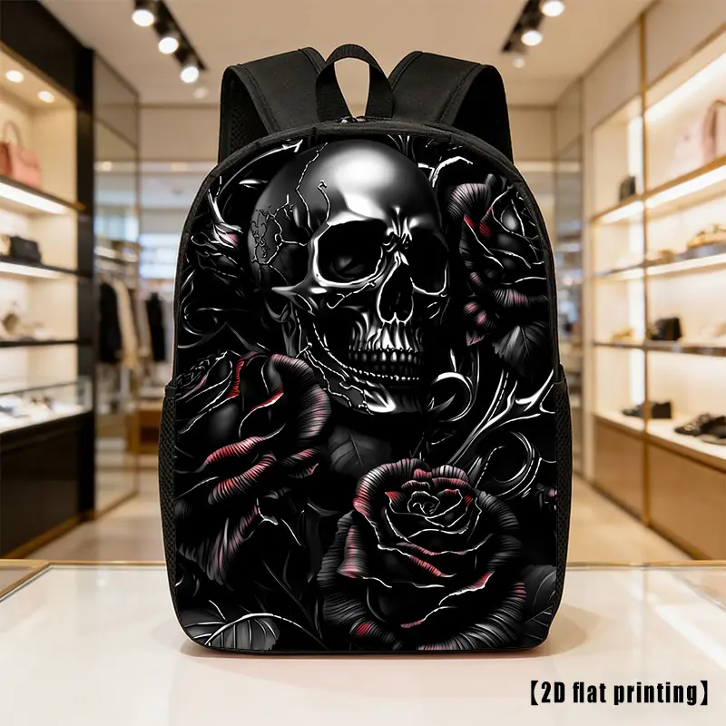 Gothic Skull Rose Polyester Fabric Backpack with Bold Graphic, Top Handle, 2D Flat Dark Floral Skeleton Print, Side Pockets, Lightweight Unisex School Backpack for Teens, Halloween Gift Gym Daypack