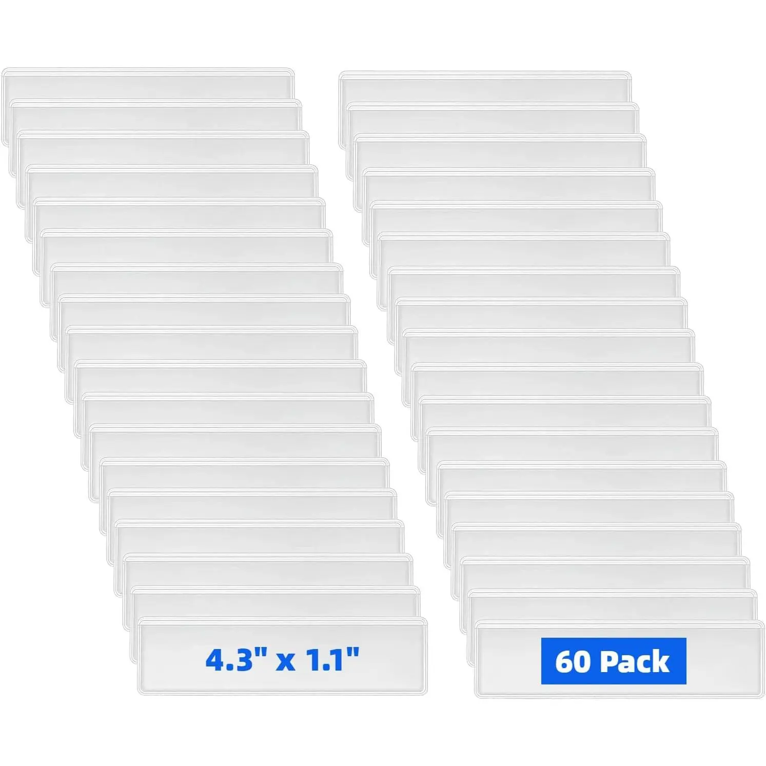 60 Pack Clear Self-Adhesive Label Pockets, 4.3 x 1.1 Inch Plastic Index Card Holders with Top Open,Square Label Sleeves for Organizing Storage Bins, Shelves, Library, Office (60, 4.3 x 1.1 inches)