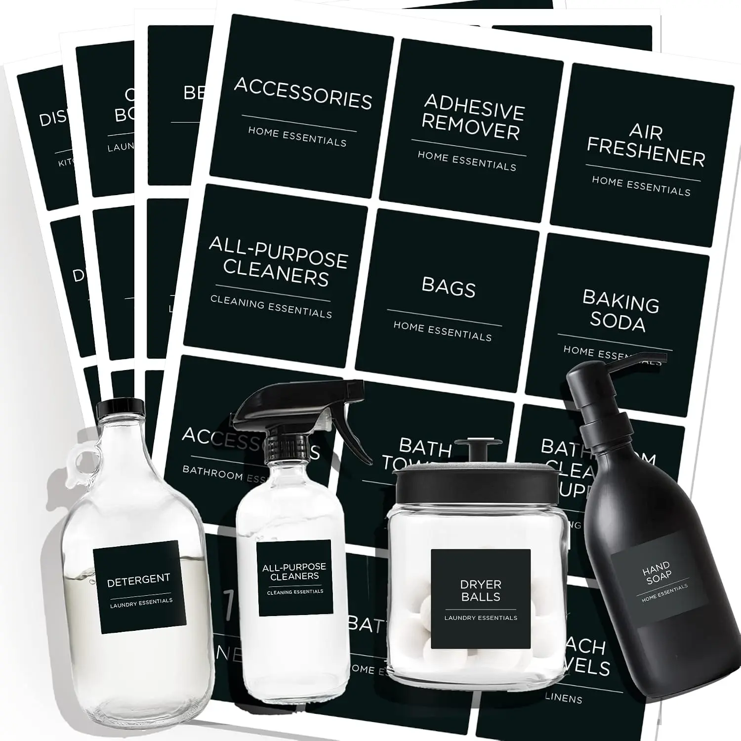 144 count Minimalist Laundry Room Labels,  Stickers, Black | Self-adhesive water & oil resistant vinyl, preprinted for laundry room, linen closet,  bathroom, beauty organization