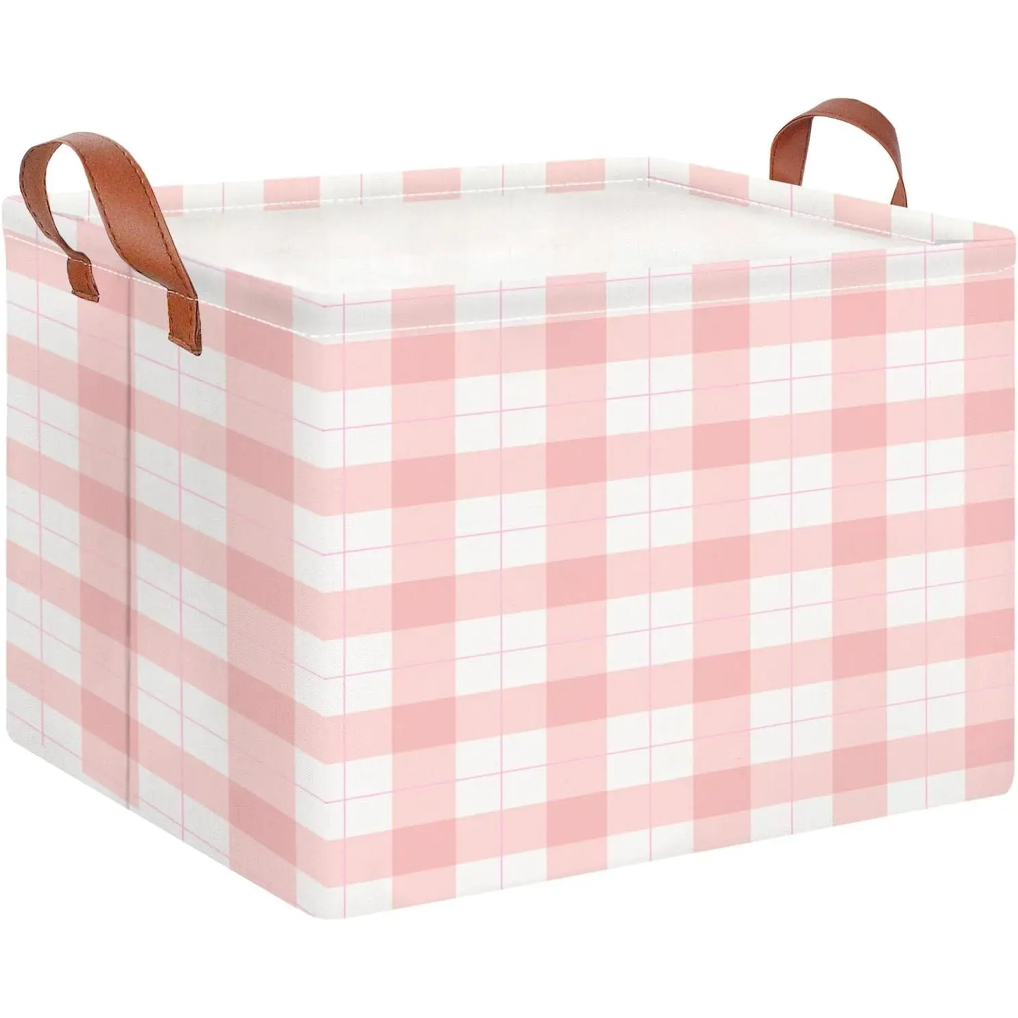 Rectangular Storage Basket,Collapsible Cute Pattern Storage Bin,Waterproof Books Box with Handles,Gift Basket(Pink Grid)