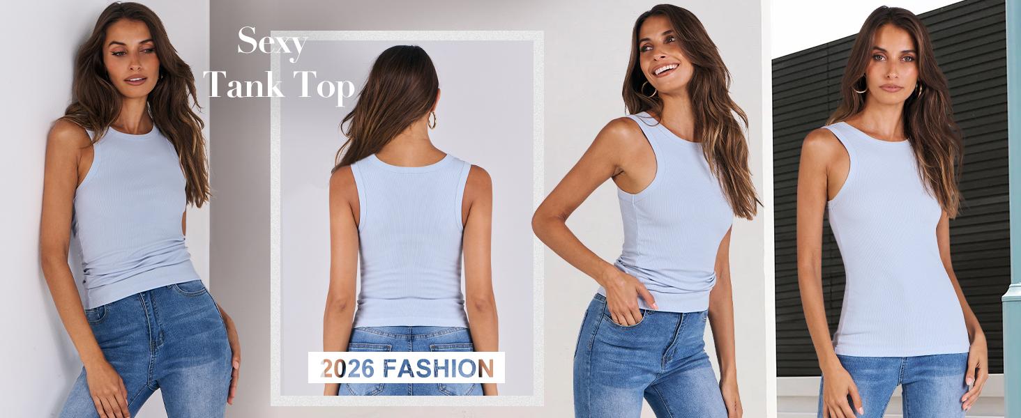 Women's Sleeveless High-Neck Tank Top Fashionable Summer Casual Basic Slim Fit Ribbed Tank Top White-M Size in Women's Clothing Store