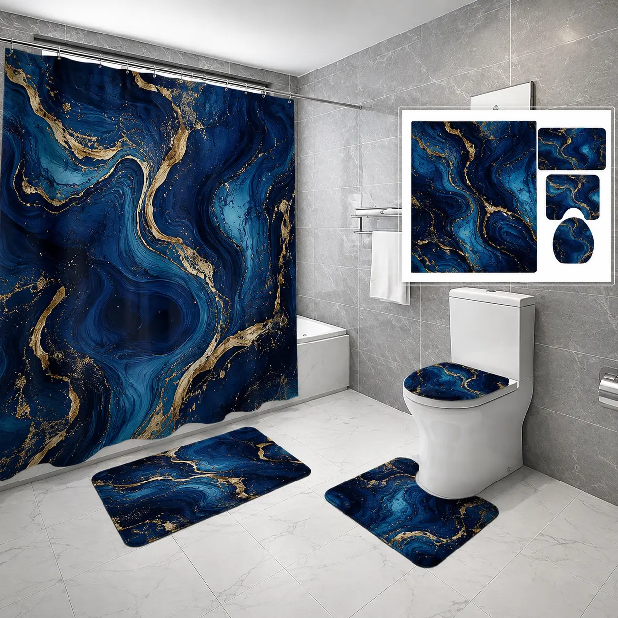 4pcs Deep Blue Gold Marble Agate Swirl Decorative Shower Curtain Set with Rugs,The floor mat fabric is thicker and softer!  Luxury Bathroom Decor Kit, Modern Style, Elegant Gift for Home & Dorm