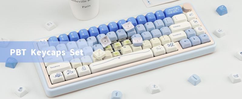 Blue White PBT Keycaps, MOA Profile, Custom Keyboard Keycap, Minimalist Style Dye Sub Keycaps, 130 Keys Anime Keycap Set for Cherry Gateron MX Switches Gaming Keyboard