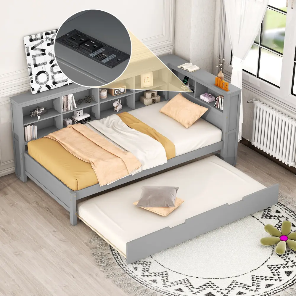 Full Size Wooden Daybed with Twin Trundle, Storage Shelf and USB Charging Station, Solid Pine Wood Platform Bed Frame with Pull Out Guest Bed, Space Saving Furniture for Bedroom Guest Room Kids Room (Mattress Not Included)