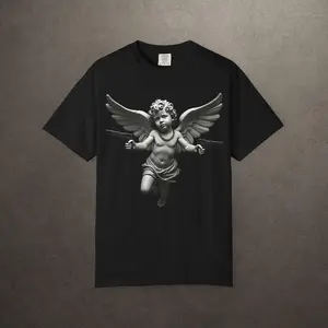Angel Cherub Holding Guns T-shirt | Retro Grayscale Artwork