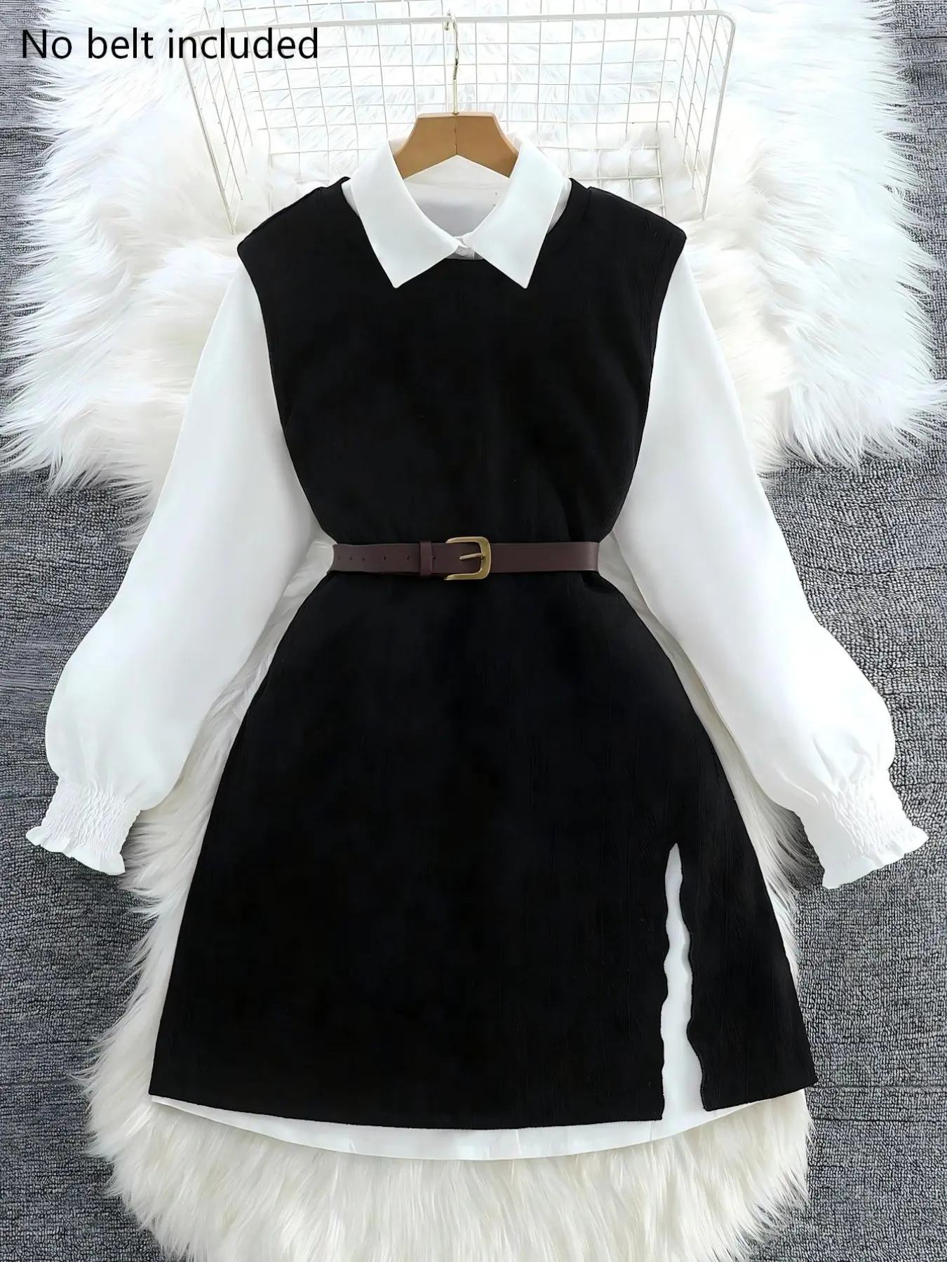 Women's 2-Piece Set, Collared Bubble Long Sleeve Shirt with Sleeveless Side Slit A-Line Midi Dress, Casual Elegant for Office, Campus, Daily, Parties（No Belt Included）