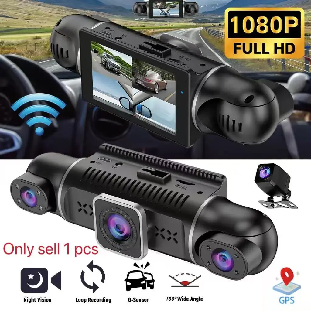 4-channel 4-lens 360° panoramic dash cam, full 1080P omnidirectional recording, 170° wide angle. 8 IR LEDs night vision, WDR F2.0 lens, 5G WiFi & GPS APP, G-sensor, 24h parking monitor, loop recorder with free 64GB SD card.
