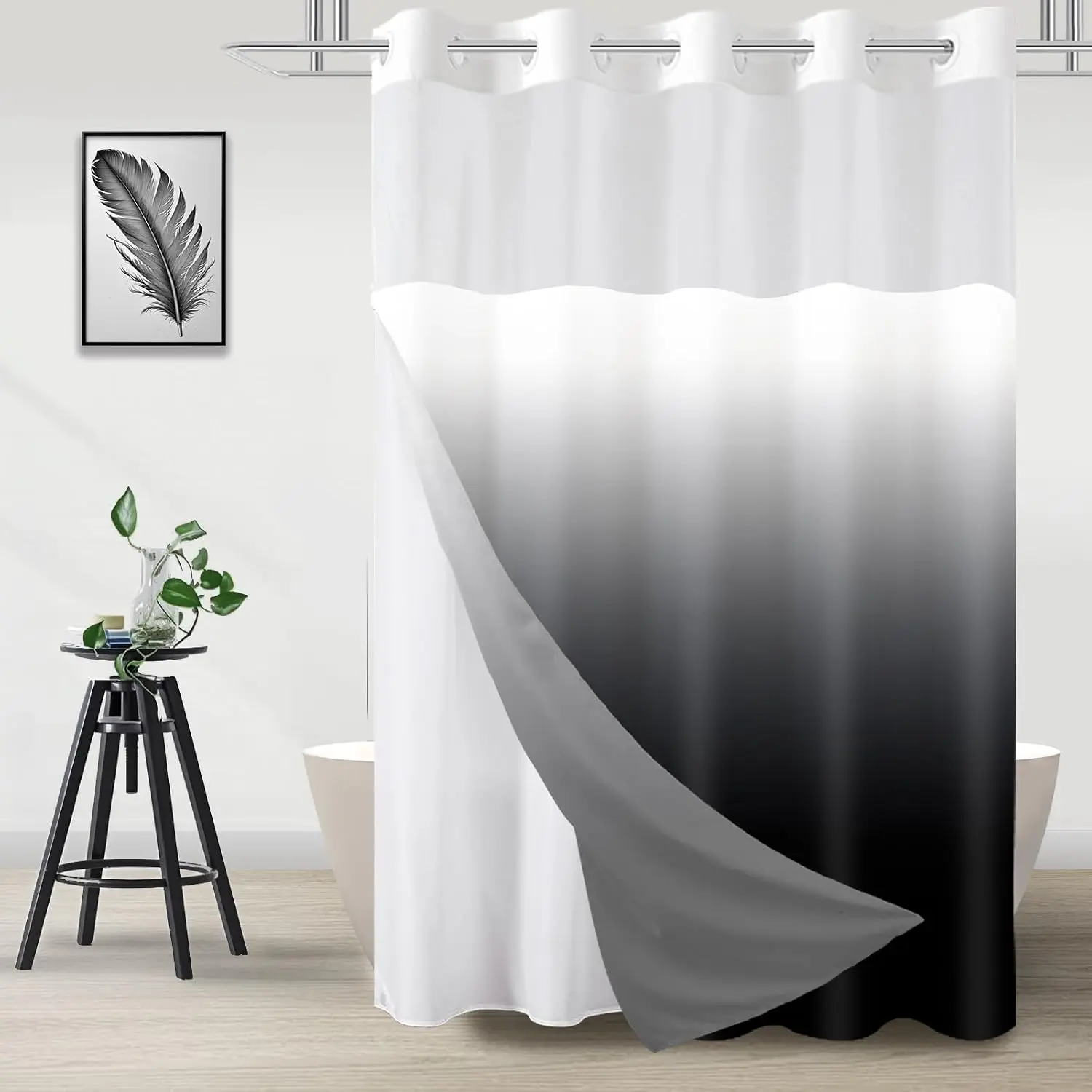 No Hook Shower and Liner Set for, Ombre Black, 71" x 74"| with Snap in Liner, Black and White, Mesh Top Window, Waterproof, Machine Washable, Quick-Drying, 3 in 1