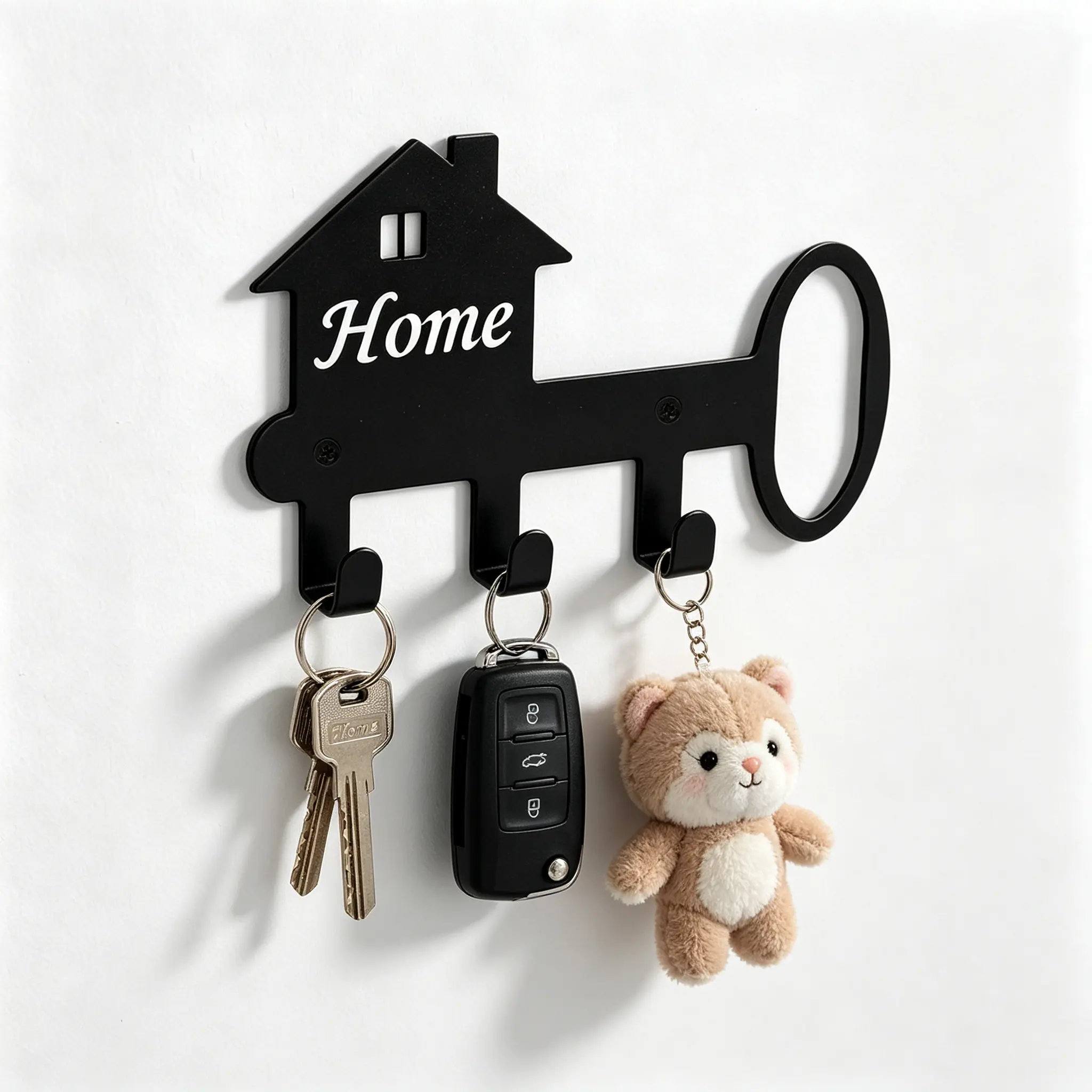 Key Shaped Home Metal Key Holder for Wall, 3 Hooks Decorative Wall Mount Key Rack Organizer, Farmhouse Entryway Front Door Key Hook Home Decor Housewarming Gift