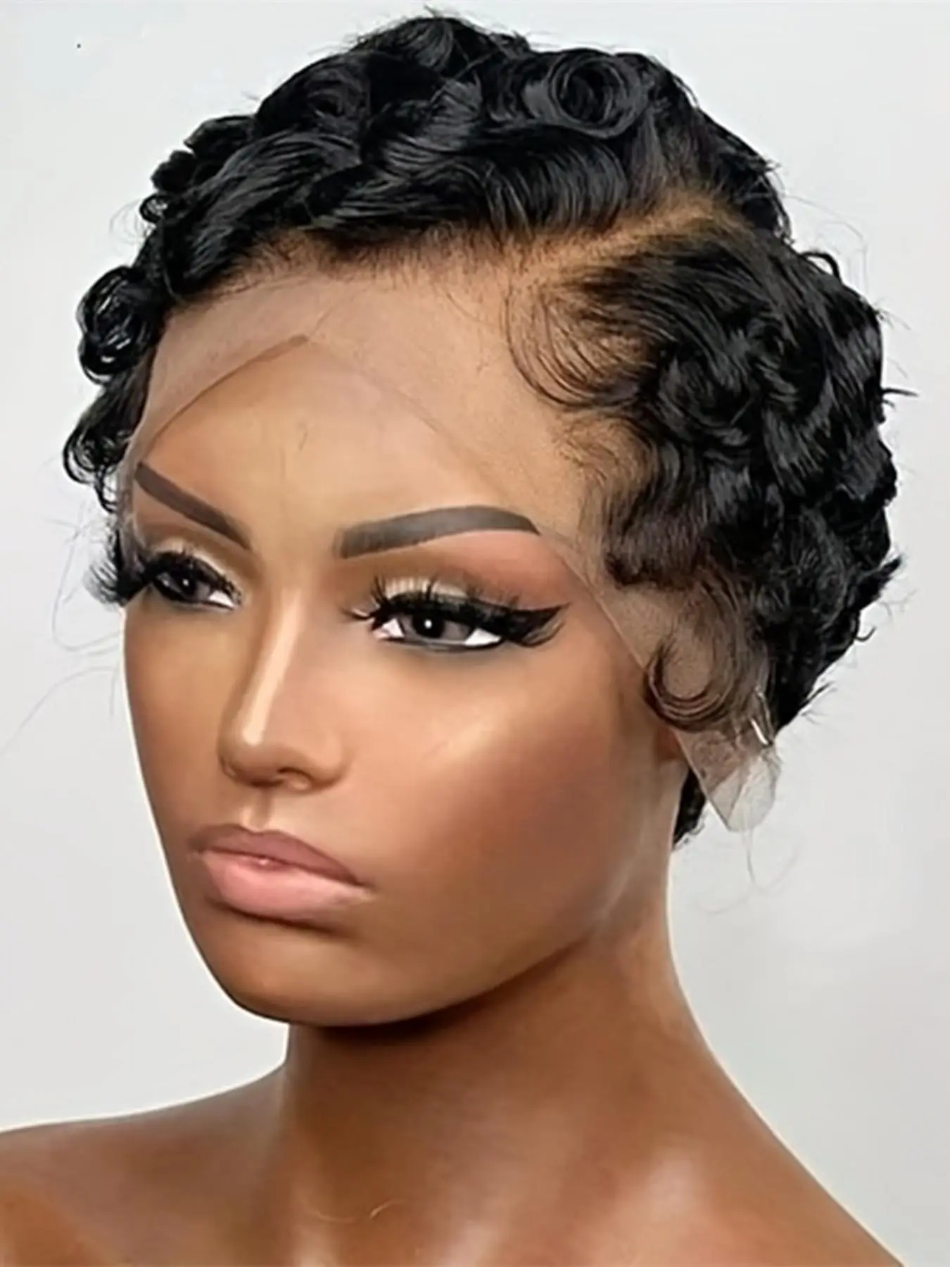 13X4 frontal lace pixie cut human hair wig finger wave human hair wig short curly human hair wig daily party use black brown burgundy color for women
