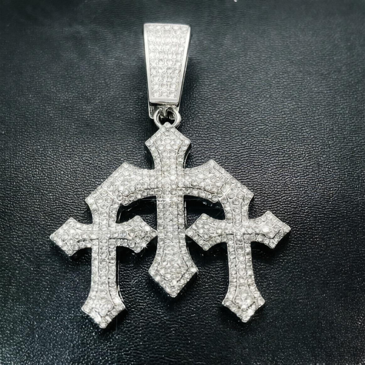 New Men's Iced Out Moissanite Stacked Crosses Pendant Necklace, Hip Hop Jewelry with Exaggeration 14mm Cuban Chain Rhinestone Gift, Luxury Trend