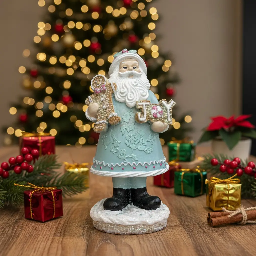 Christmas Santa Claus Resin Statue Indoor Tabletop Centerpiece - 8" Mint Blue Holiday Figurine Decor with Gingerbread & Candy Details, Festive Xmas Mantel Shelf Decoration, Perfect Winter Holiday Gift. Cozy Cottage core Xmas Gift.