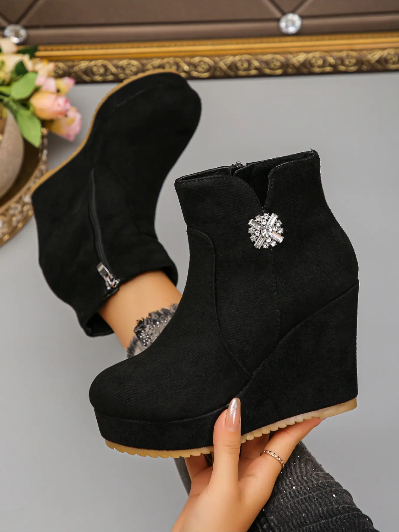 Black suede wedge ankle boots with side zipper rhinestone flower decoration thick platform heightening winter fashion women boots