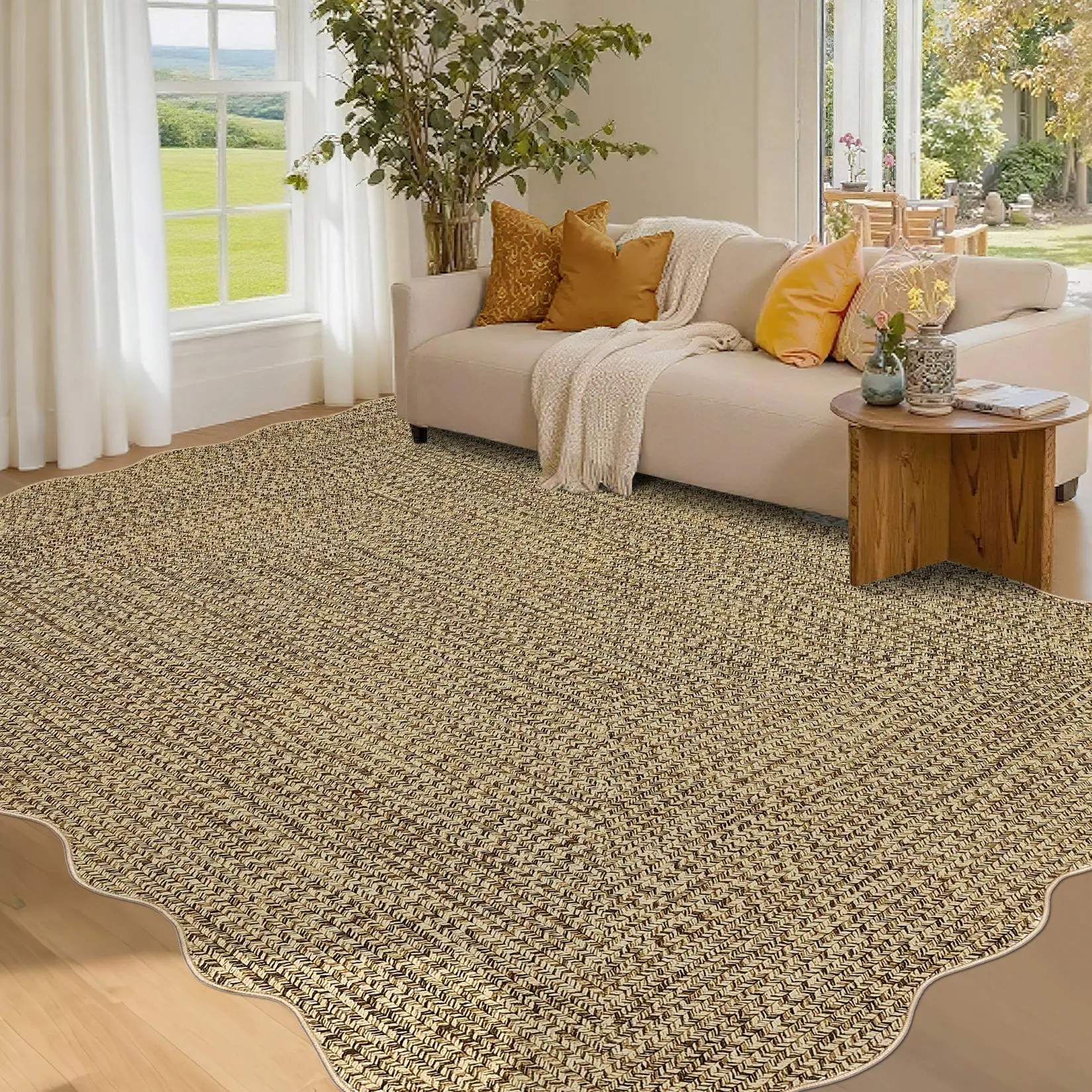 Washable Area Rug, Scalloped Braided Print Carpet, Soft Non Shedding Floor Covering, Low Pile Thin Foldable Mats, Indoor Stain Resistant Carpet for Living Room Bedroom,back to school,dorm essentials,home decor,home essentials
