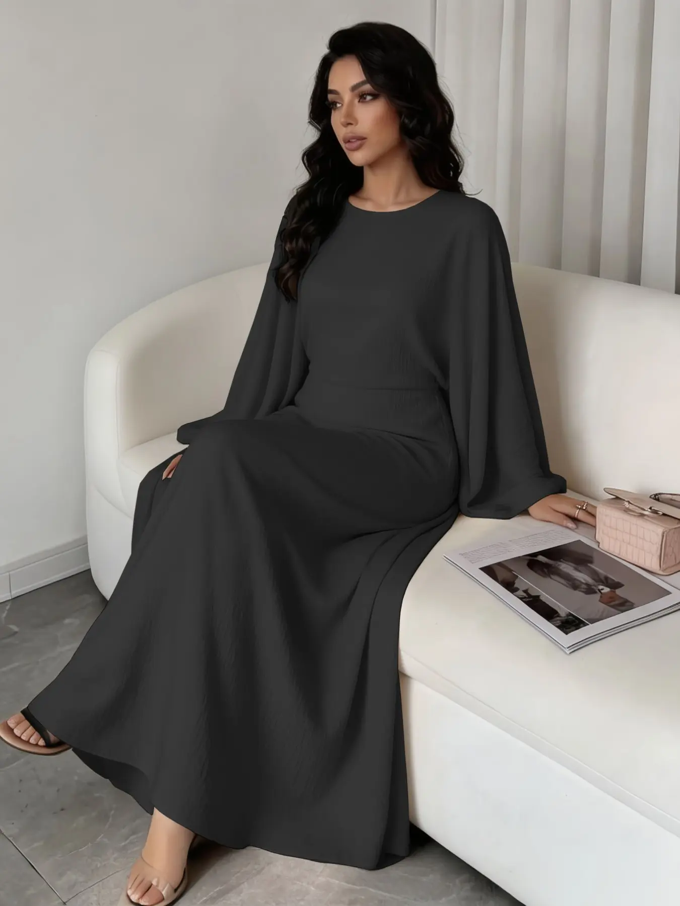 Breathable Skin-Friendly Batwing Dress, Long Loose-Fit Abaya for Women, Casual All-Season Wear, Plain H-Type Silhouette