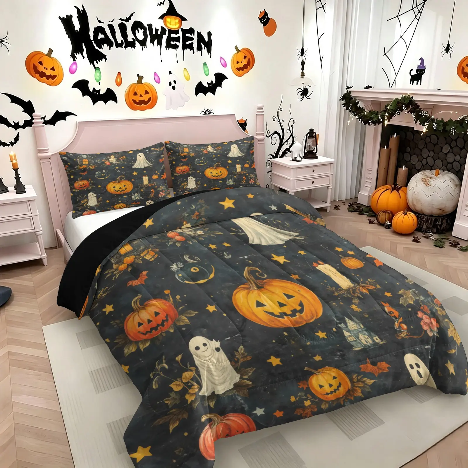 2/3Pcs Halloween Comforter Set, Cute Ghost Pumpkin Bat Witch Hat Bedding Set, 1 Quilt & 1/2 Pillowcase, No Pillow Insert, Spooky Fall Holiday Bedroom Decor for Teens Adults Halloween Home Party Decoration