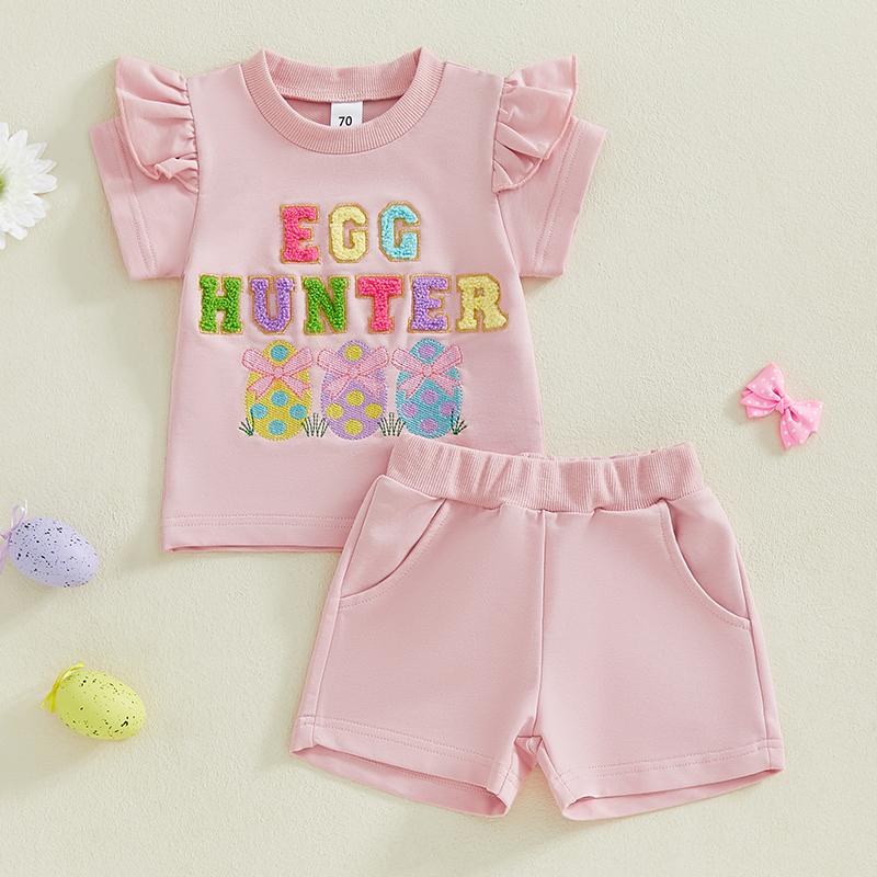 Toddler Baby Little Girl Easter Outfits Letter Embroidery Short Sleeve T-Shirt with Shorts 2 Pcs Set 0-5 Years