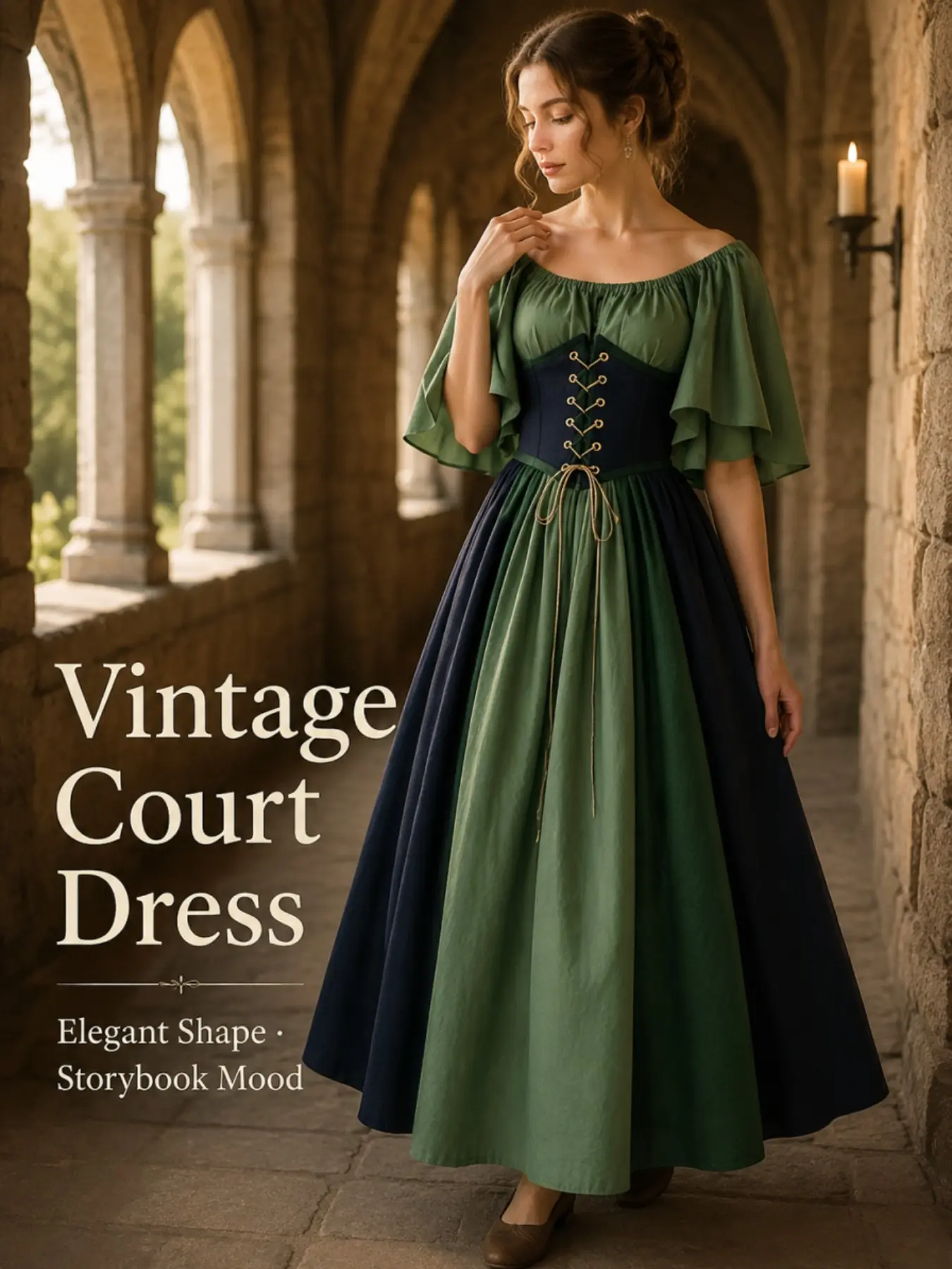 Medieval Colorblock Patchwork Dress, Flutter Sleeve Tie Waist A-Line Gown, One-Shoulder Formal Evening Dress for Women, Unique Design, Elegant Party Dresses
