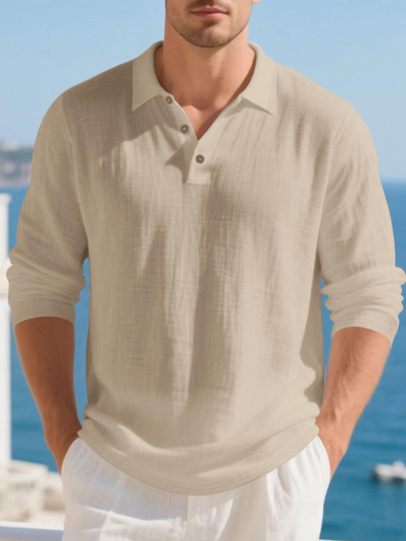 Men's Linen Long Sleeve Polo Shirt, Beach Vacation Style, Skin-Friendly Breathable Loose Fit, Casual Spring & Fall Wear, Menswear