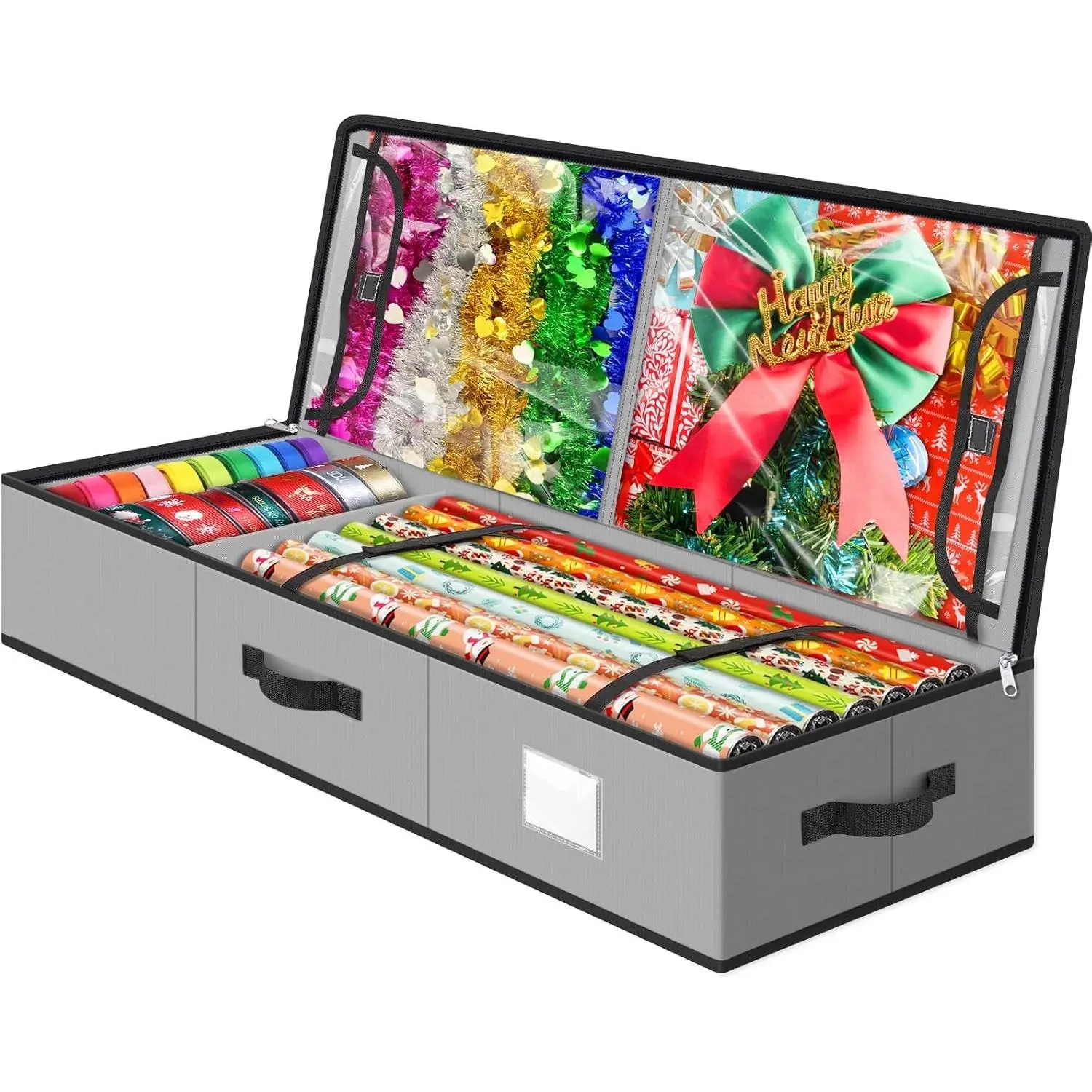 Wrapping Paper Storage Boxes, Heavy-Duty Underbed Organizer for 40-Inch Holiday Rolls with Adjustable Dividers, 3 Handles and 2 See-Through Pockets, Grey