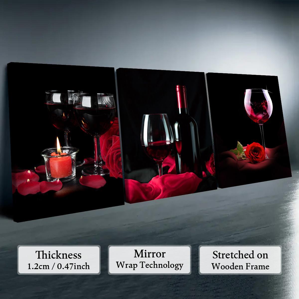 Wine Themed Canvas Painting, 3 Counts/set Romantic Wine Glass Pattern Vintage Wall Art, Wall Decor for Home Living Room Bedroom Office, Ornaments