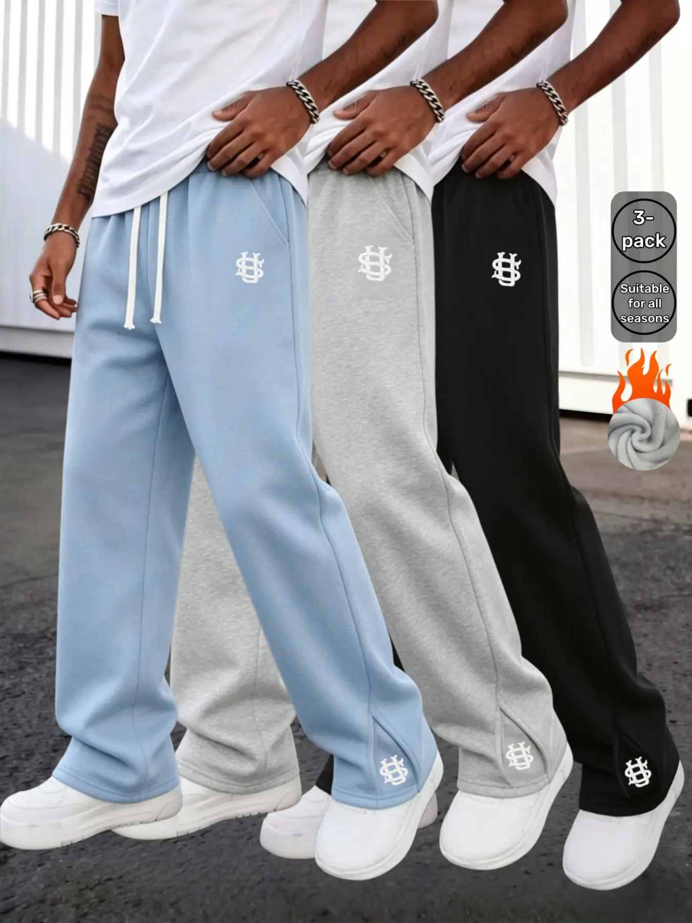 Men's Logo Embroidered Micro-Ripped Sweatpants Set, Three-Piece Fleece Lined Warm Streetwear Pants, Casual Winter