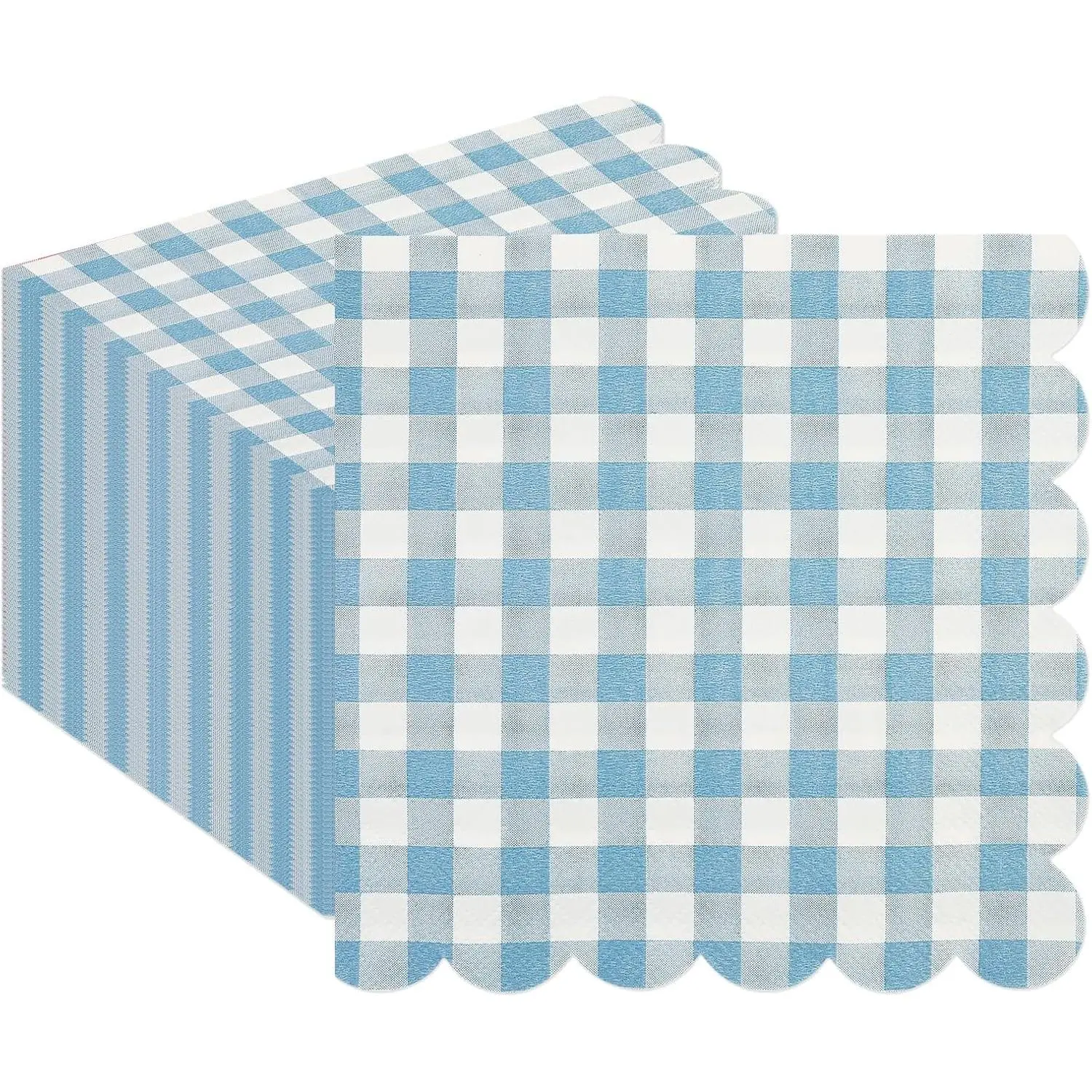 50 count Blue Scalloped Gingham Paper Napkins | Light Blue and White Striped, Checkered Dessert Napkins, Disposable, Birthday  Shower Wedding Party