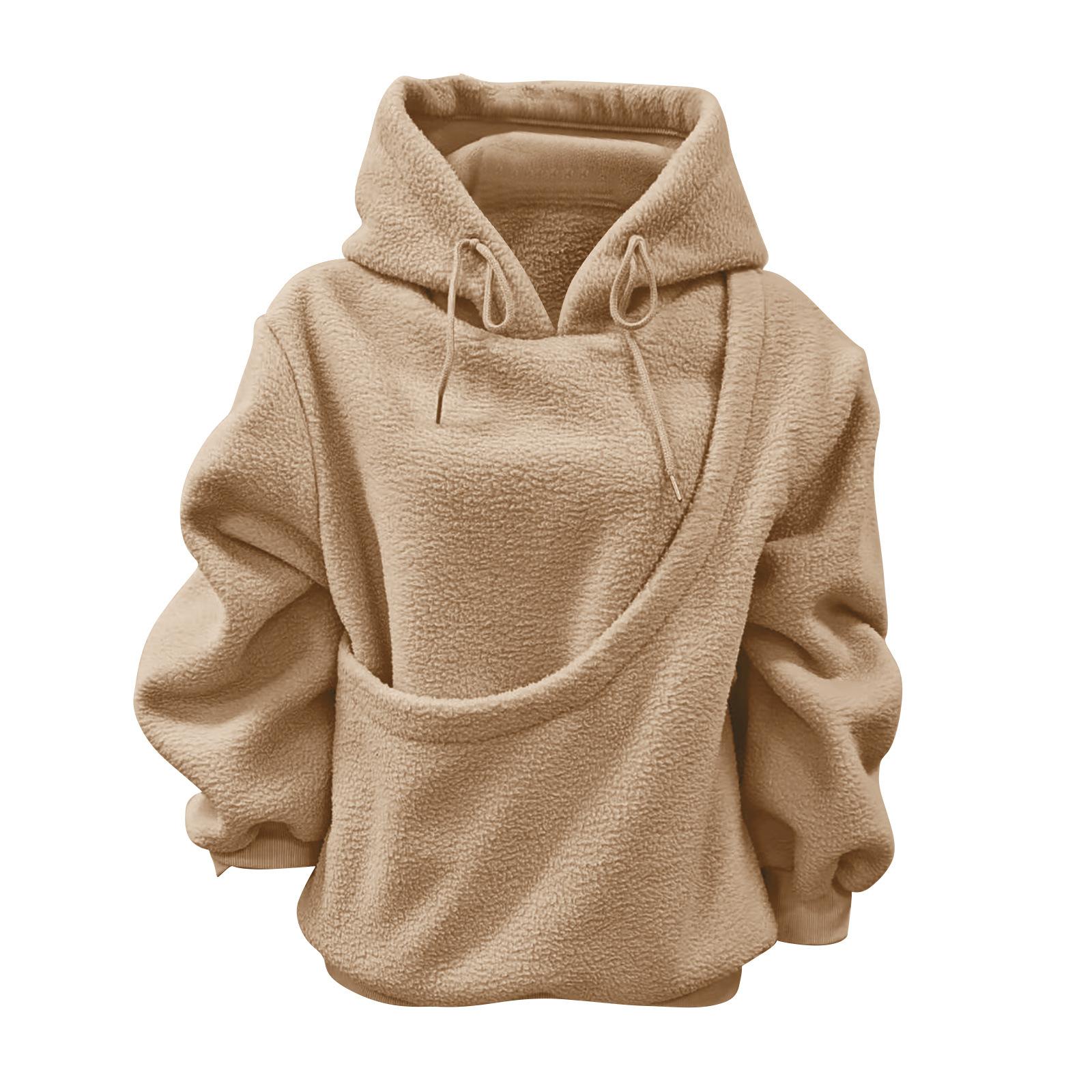 Autumn and Winter Solid Color Hooded Plush Pet Pocket Loose Pullover Sweatshirt for Women Fashionable Warm Cold Resistant Polyester,Gift