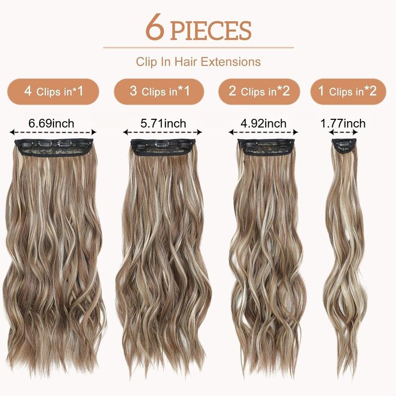 Beauty 6 Pcs 22 Inch Clip in Hair Extensions Wig Pieces for Women Natural Brown Mix Blonde Extensions 13-clip Hair Extension Sheet High-temperature Silk Chemical Fiber Water Wave Sheet Heavy-duty Mesh Hairpieces Hair Extensions Clip for Christmas Gift