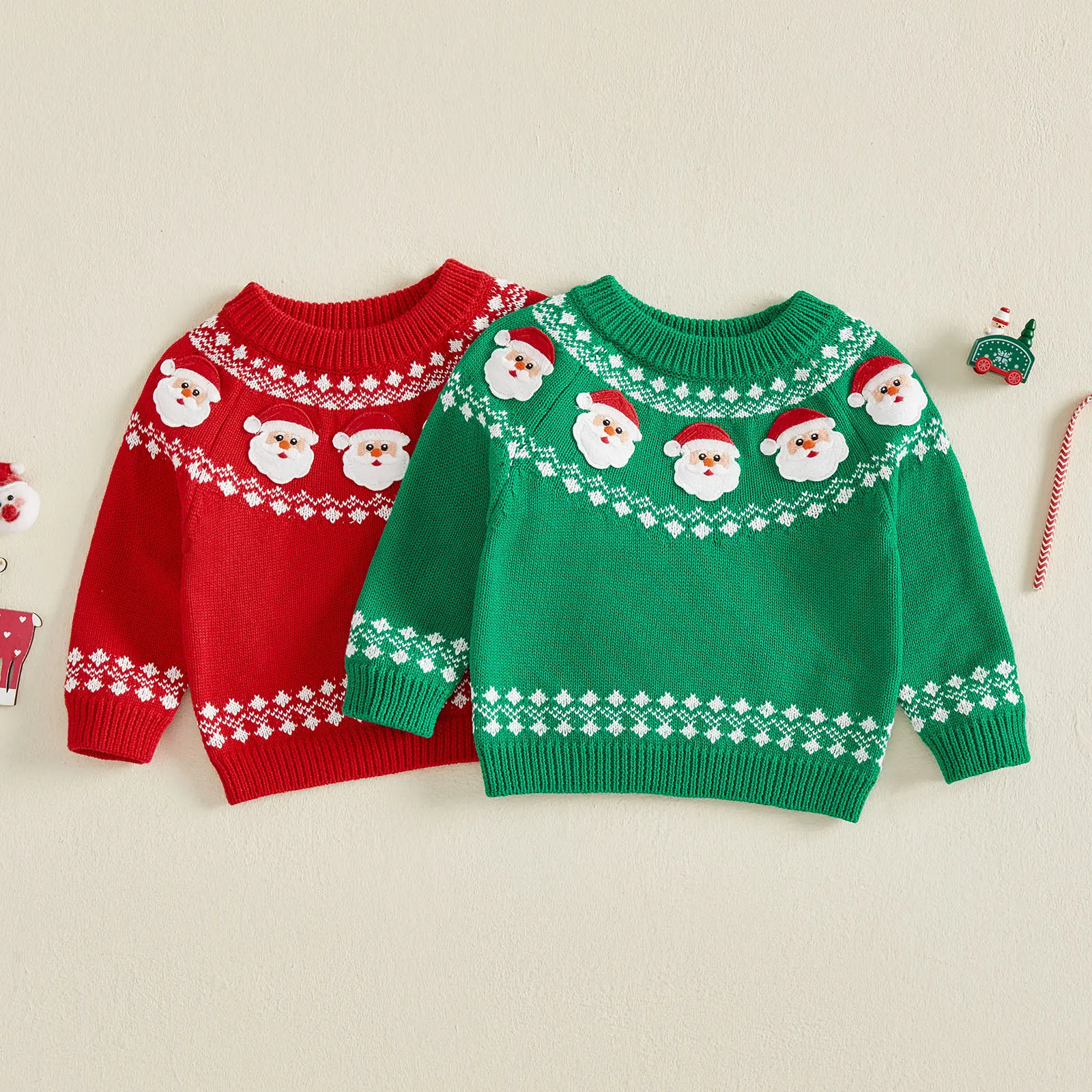 FOCUSNORM Toddler Baby Boys Girls Santa Claus Applique Knit Pullover Crew Neck Long Sleeve Kids Christmas Sweater 0‑5T