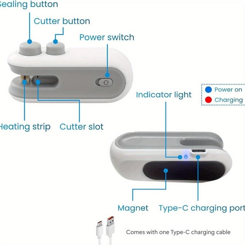 White 2-in-1 Mini Sealer Machine: Magnetic Charging Design with Built-in Cutter, Handheld Heat Sealer for Plastic Bags, Effortless Food Storage & Preservation
