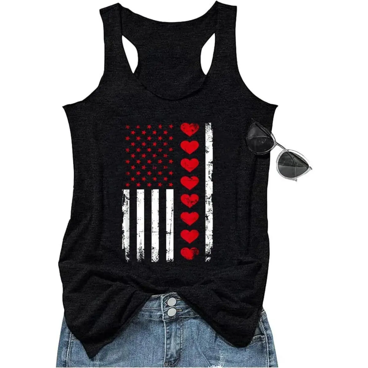 Women's Casual Printed Tank Top - Black-1, American Flag Vest, 4th of July Patriotic Sleeveless Summer Outfit Graphic Tee