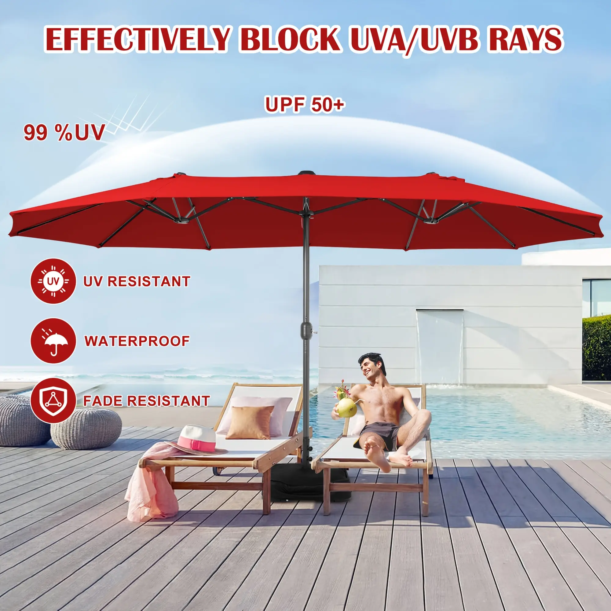 Patio Umbrella, Extra Large Outdoor Market Umbrella with Crank Handle And Weighted Base, Double Sided, 15FT, for Garden, Poolside, Beach, Deck And Backyard