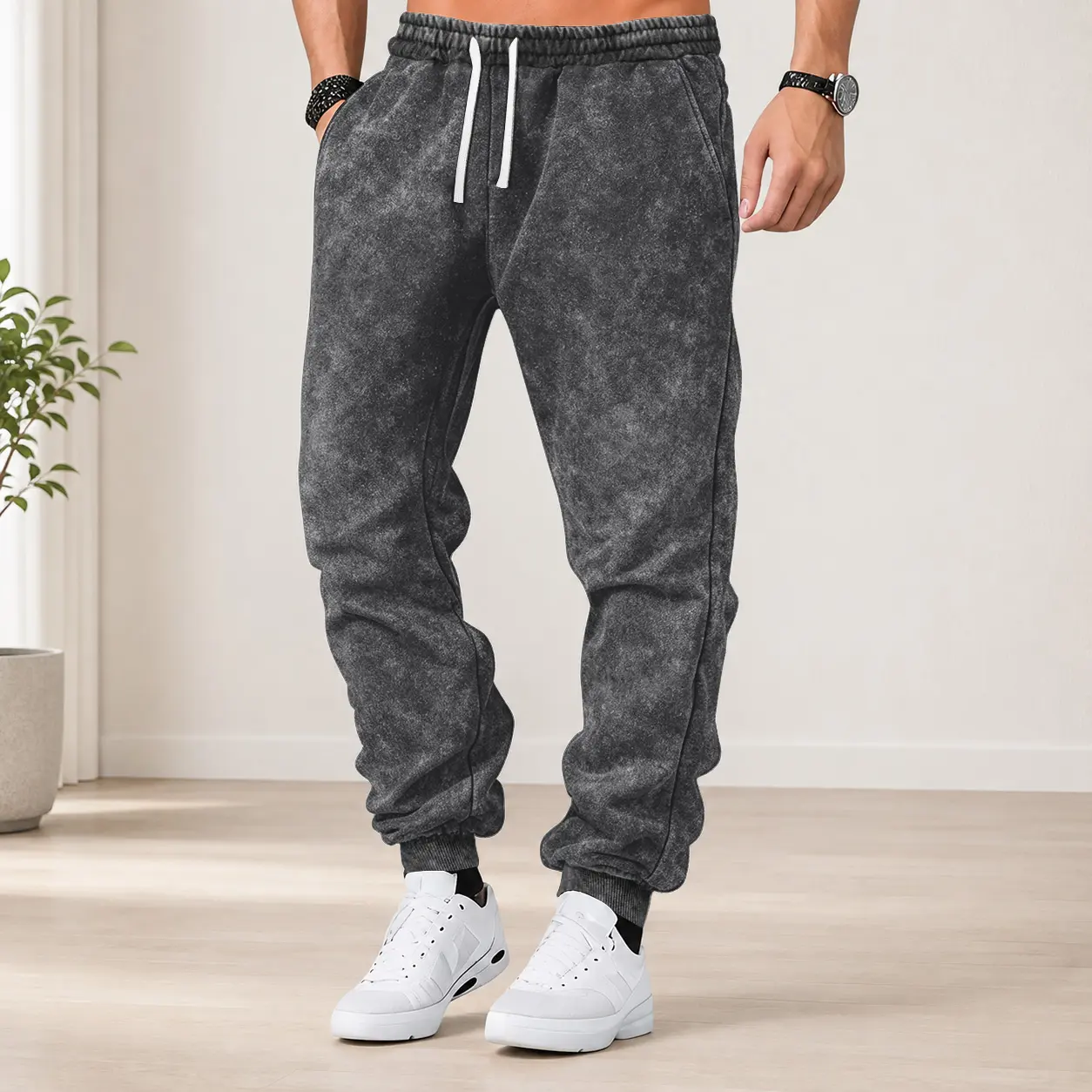 Unisex autumn/winter acid-wash ribbed long pants, basic drawstring sweatpants; fashionable casual trousers suitable for vacations and outdoor activities, featuring a sporty fit, an elastic waistband, and side pockets.