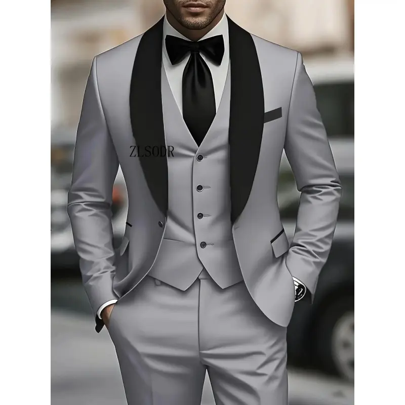 Men's Plain 3-Piece Polyester-Viscose Blend Regular Fit Black Suit - Long-Sleeve Lapel Blazer, Vest, Pants, Shirt - Menswear Workwear Blazer Trouser Set for Business Events