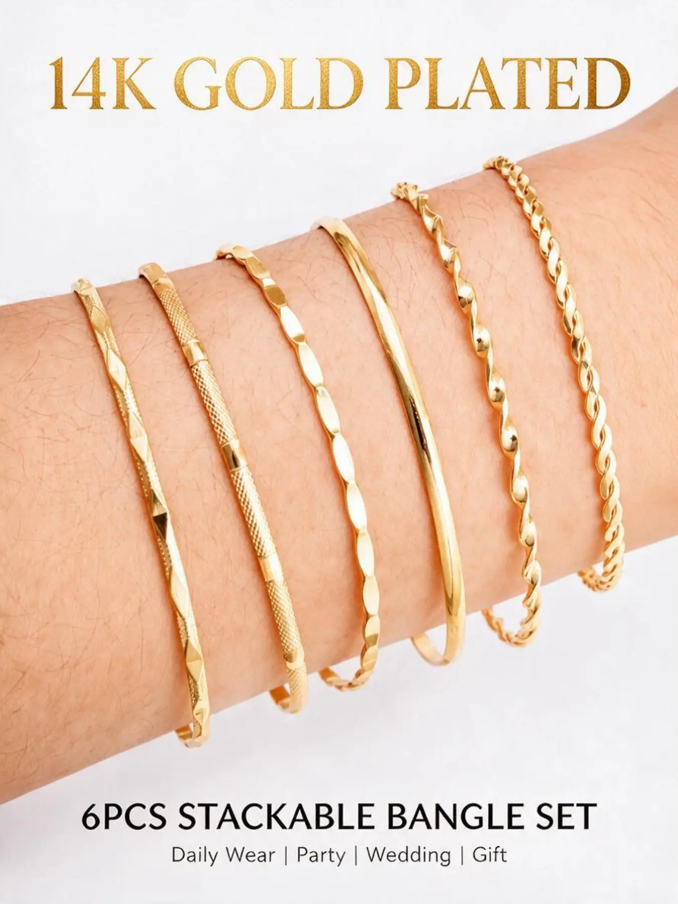 6PCS Gold Bangle Bracelets for Women, 14K Gold Plated Stackable Layered Bracelets Set, Minimalist Twist Textured Thin Cuff Bangles, Trendy Dainty Jewelry for Daily Wear, Party, Wedding & Gift