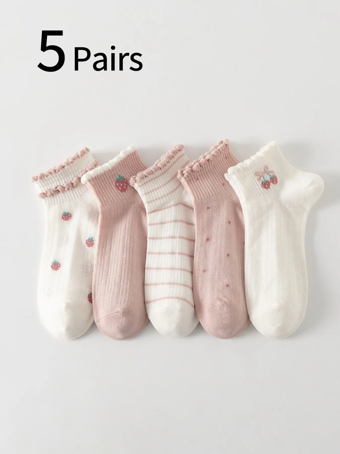 5 Pairs Women's Cherry Bow Strawberry Stripe Ankle Socks, Cute Princess Socks, Breathable Casual Wear, Spring Summer