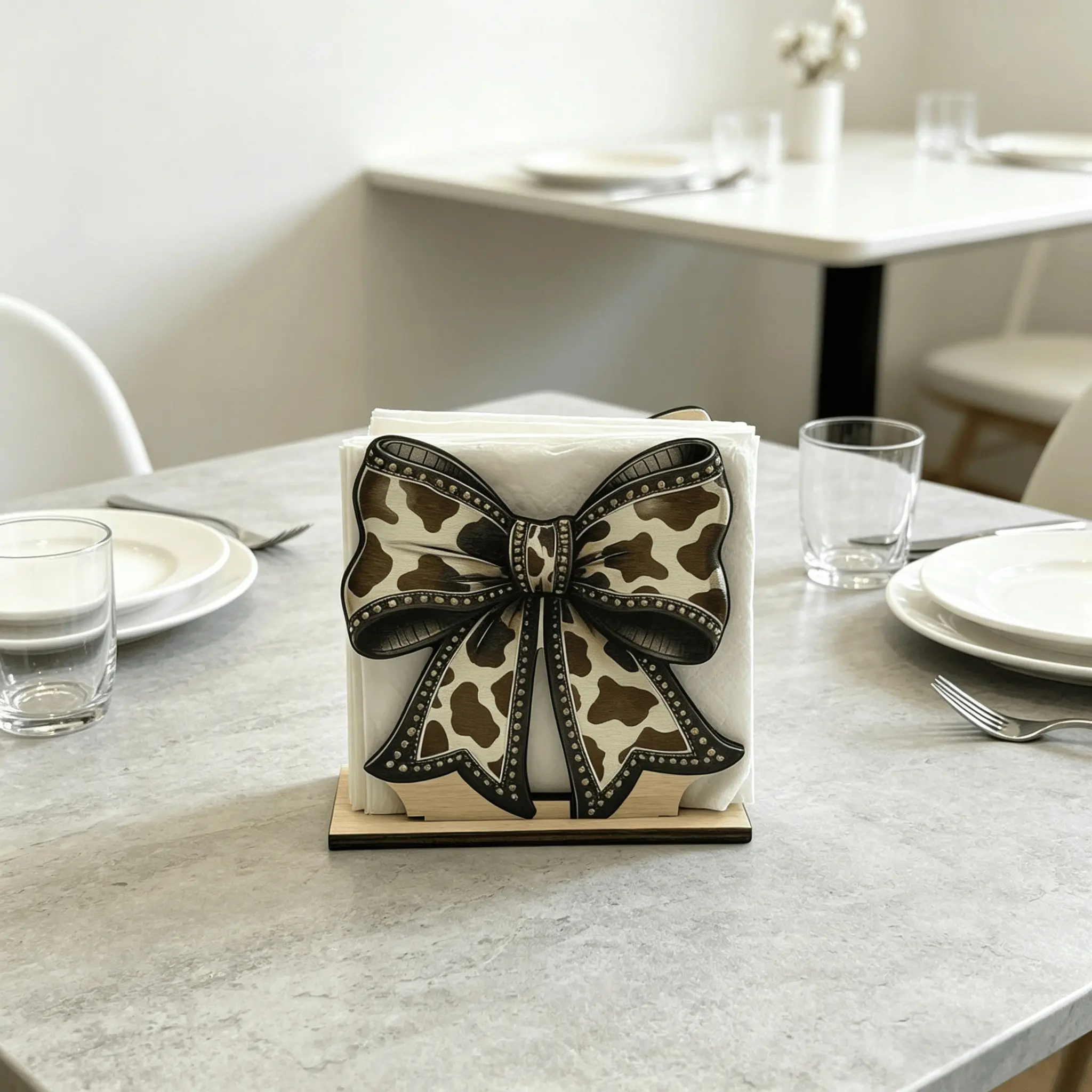 1 piece Cow Print Bow Wooden Napkin Holder, Western Farmhouse Wood Napkin Rack, Cute Cow Pattern Bow Table Napkin Organizer for Kitchen Dining Table Decor