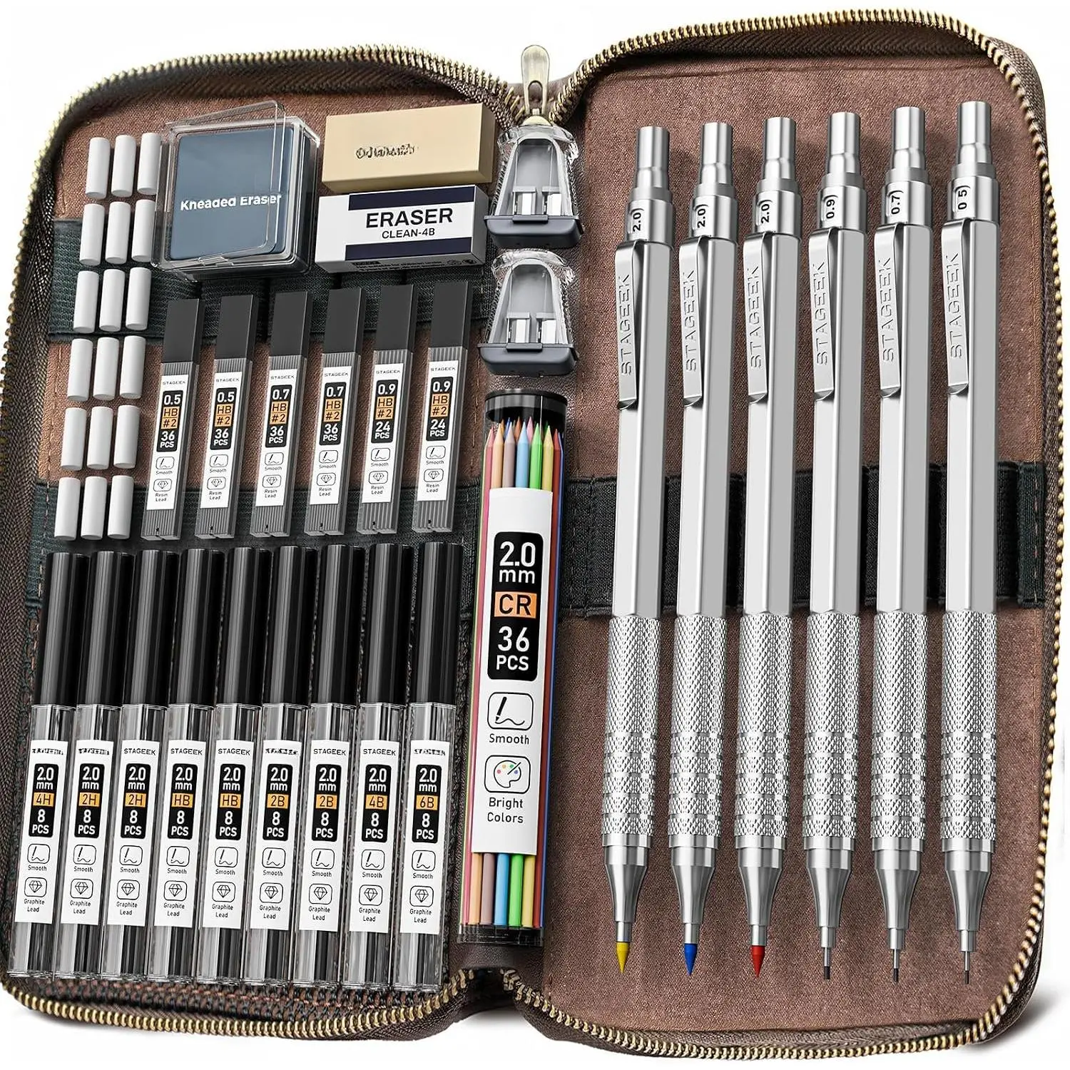 30 count  Metal Mechanical Pencil Set in Leather Case, 0.5/0.7/0.9/2.0mm Art Drafting Pencils with 16 Tubes Graphite Leads (6B 4B 2B HB 2H 4H) & Colored Refills for Sketching, Drawing, Writing