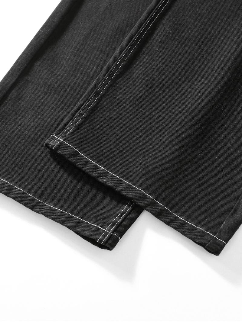 Men's Solid Color Loose Straight Leg Jeans, Casual Comfy Denim Jeans for Daily Wear, Woven Bottoms for All Seasons Pants, Dark Wash Cuffed