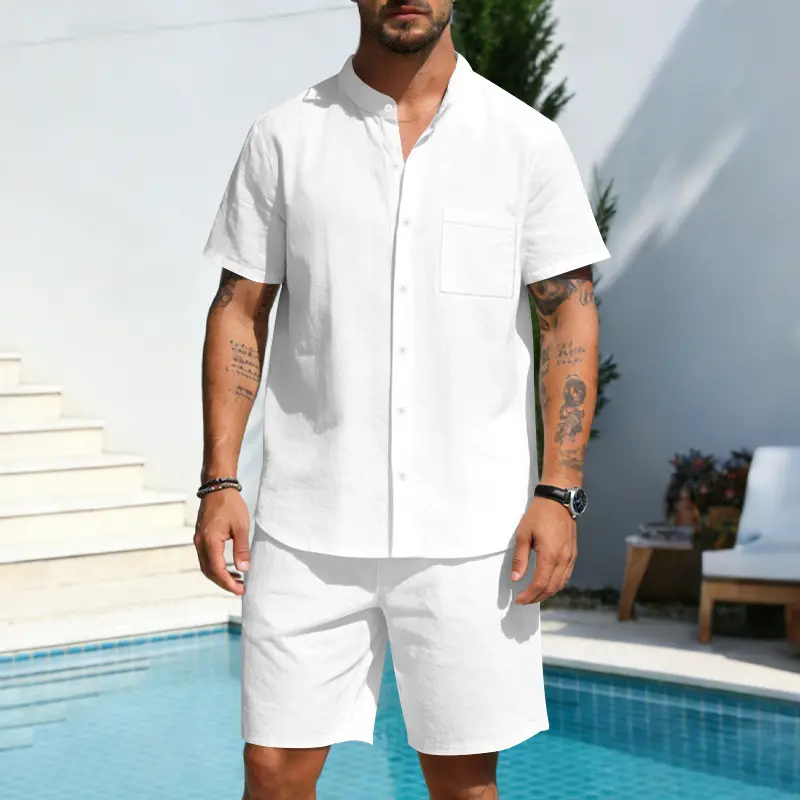 Men’s Summer Linen-Blend Open Front Short Sleeve Shirt and Shorts Set, Casual 2-Piece Beach Outfit, Lightweight Breathable Relaxed Fit Vacation Set for Travel, Resort, Daily Wear, Comfortable Summer Loungewear