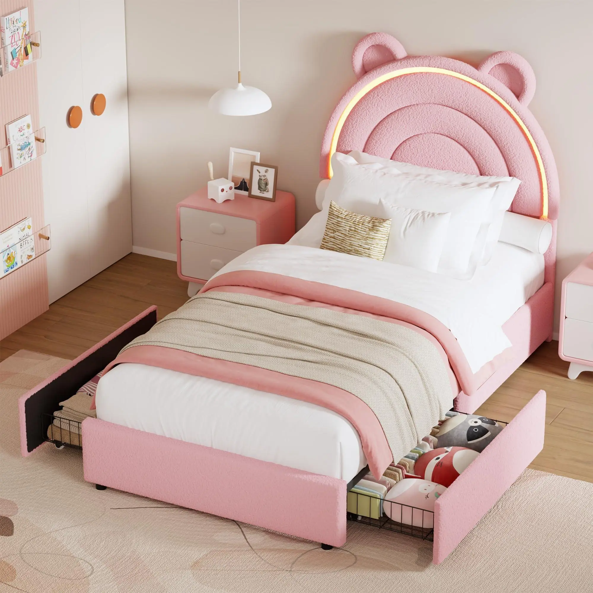 GARVEE Pink Velvet Upholstered Princess Twin Size Bed Frame - Smart LED Bed with 2 Storage Drawers, Rainbow Headboard, 20+ Light Effects, App+Remote Lighting, Solid Wood Slats Support, Easily Assembled, 35-min DIY, No Box Spring Needed (for Kids/Girls)