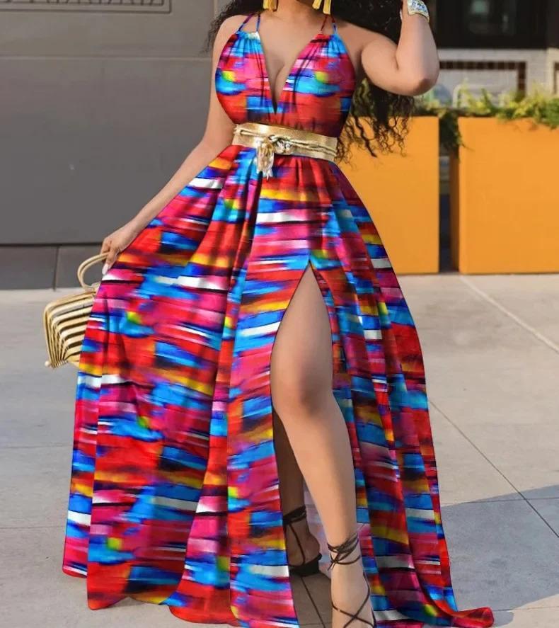 Summer Dress Printed Waist-Controlled Mid Waist Temperament Long Dress Sexy Slit Large Swing Dress with Belt Casual Fit Asymmetrical Womenswear Sleeveless Comfort Elegance Feminine Floral Twist Vneck Formal White