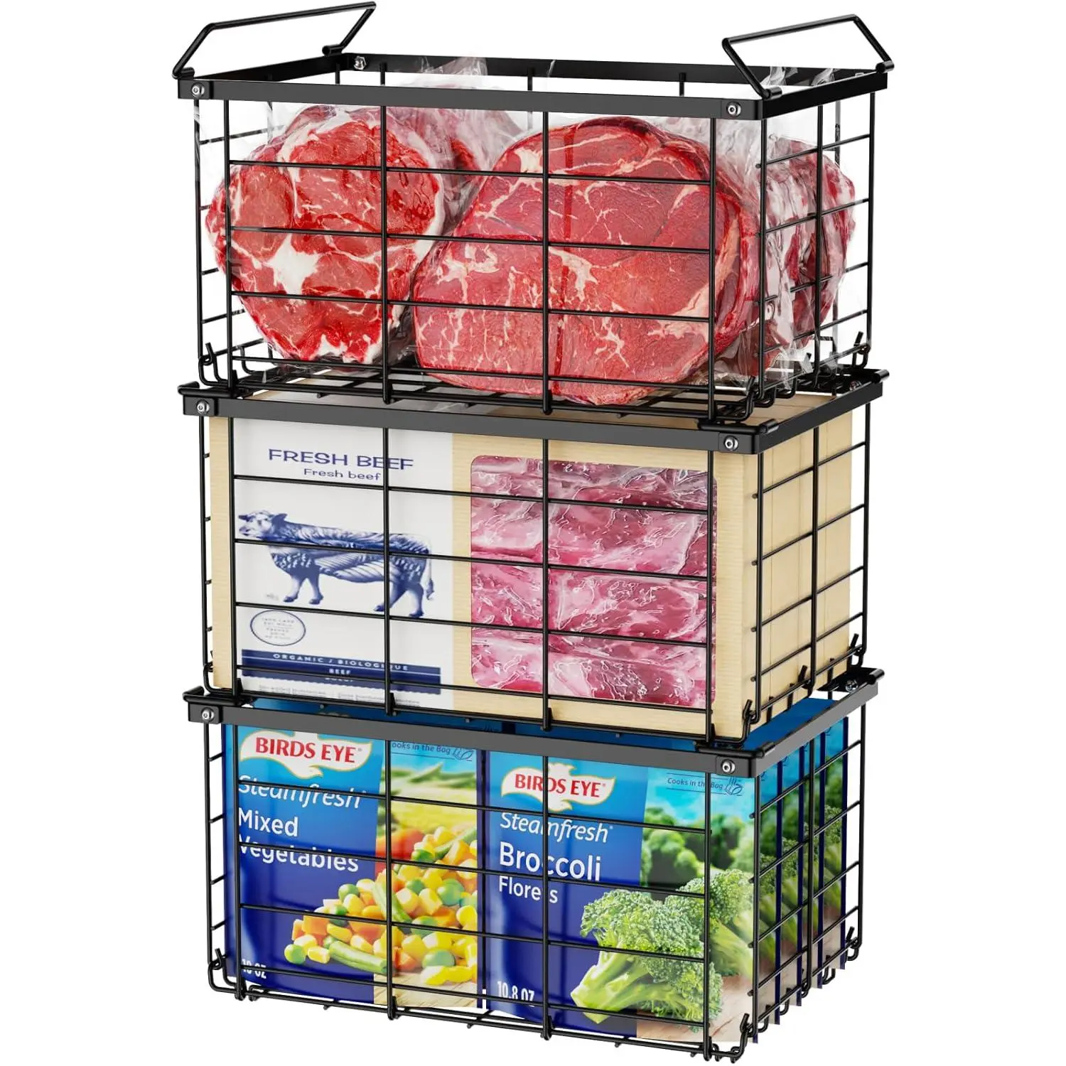 Freezer Organizer Bins - 3 Pack Large Deep Freezer Organizer Bins for 5 to 7 Cu.Ft Chest Freezer, Easy Access No Digging Stackable Wire Baskets to Maximize, Duty Easy Install