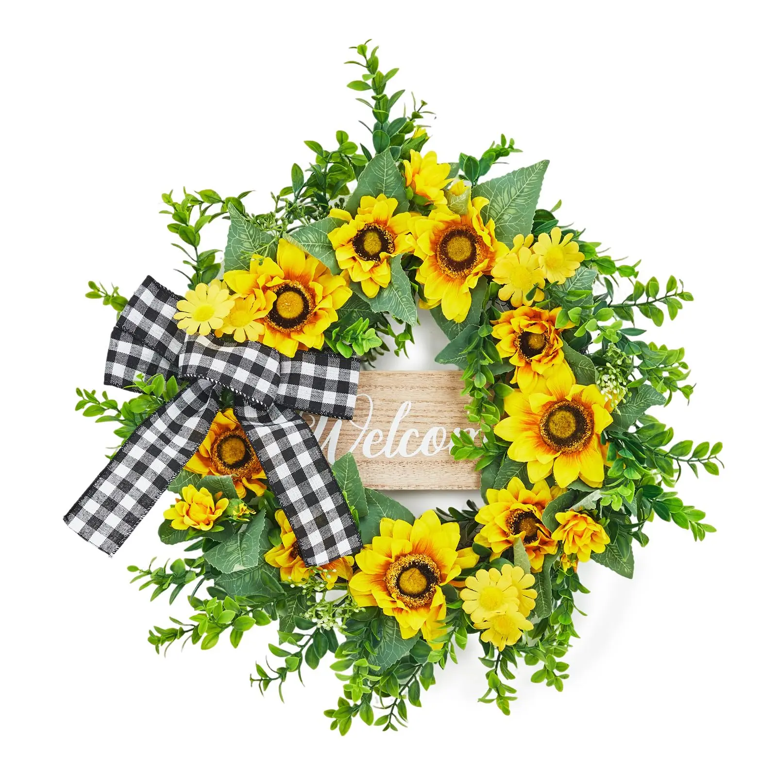 Garvee 20 Inch Sunflower Wreath with Welcome Sign, Spring Summer Wreaths for Front Door with Yellow Blooms and Buffalo Plaid Bow, for Farmhouse Porch Window Wall Home Decor