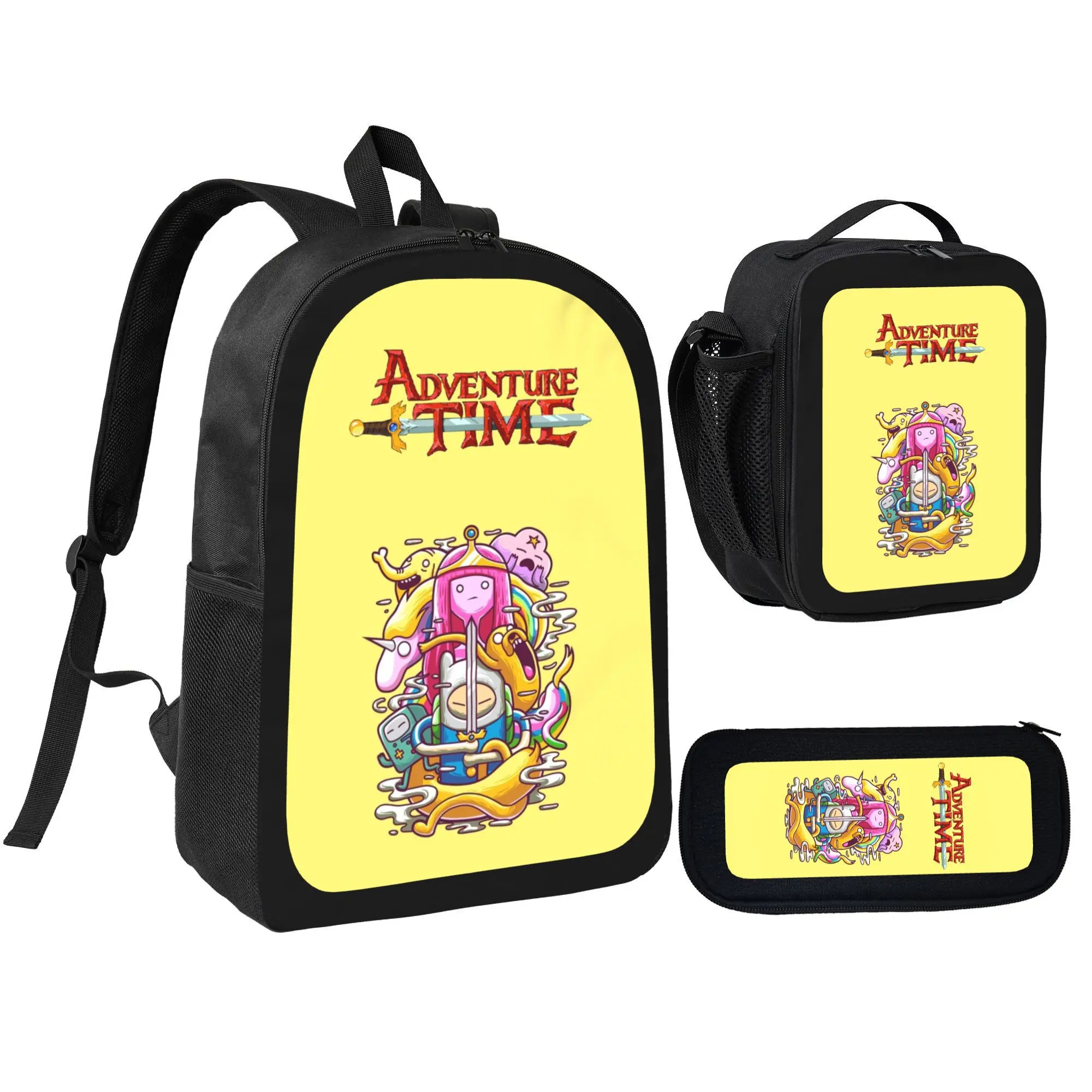 Unisex Teens Large Capacity 3pcs Adventure Time4 Backpack Set, Anime School Bag with Adjustable Shoulder Straps, Backpack Lunch Bag Pencil Case Combo for Boys Girls