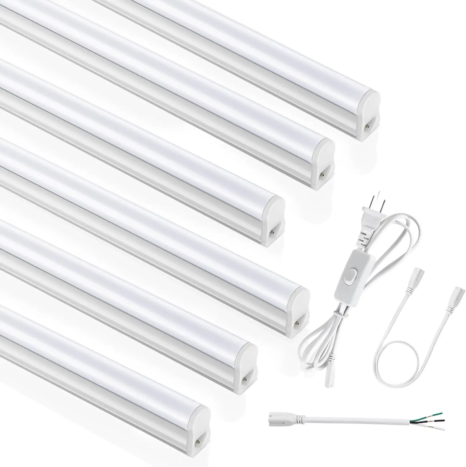 (6 Pack) 4FT T5 LED Integrated Fixture, 6500K,20W,2300LM Super Bright White, Linkable LED Shop Light for Garage Ceiling and Cabinet, Strip Light, Corded Electric with ON/Off Switch